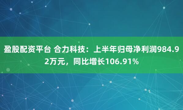 盈股配资平台 合力科技：上半年归母净利润984.92万元，同比增长106.91%